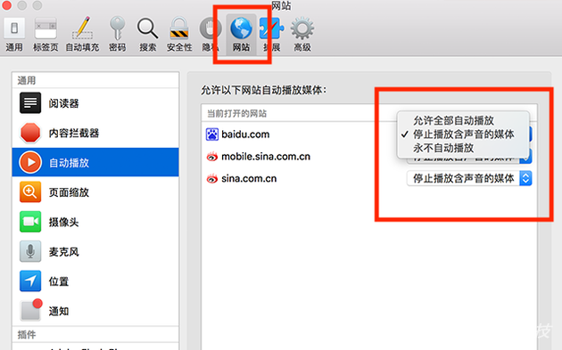 Safari偏好设置中添加了“网站”